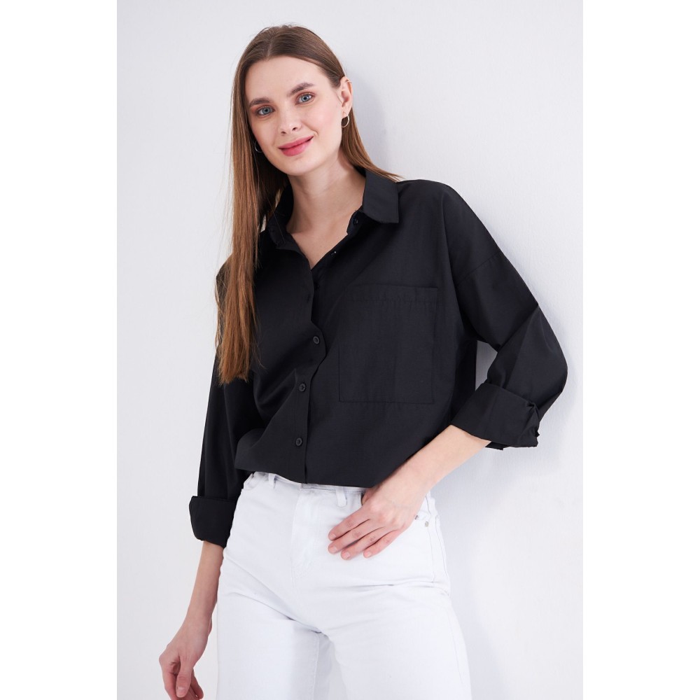 Pasaklı Giyim Kadın Siyah Uzun Kollu Terikoton Özel Kumaş Cepli Spor Uzun Tunik Gömlek - Premium Kadın Giyim