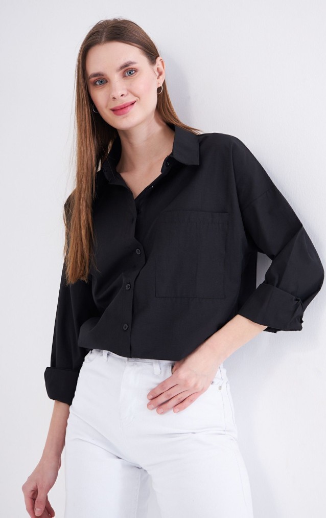 Kadın Siyah Uzun Kollu Terikoton Özel Kumaş Cepli Spor Uzun Tunik Gömlek 3518185