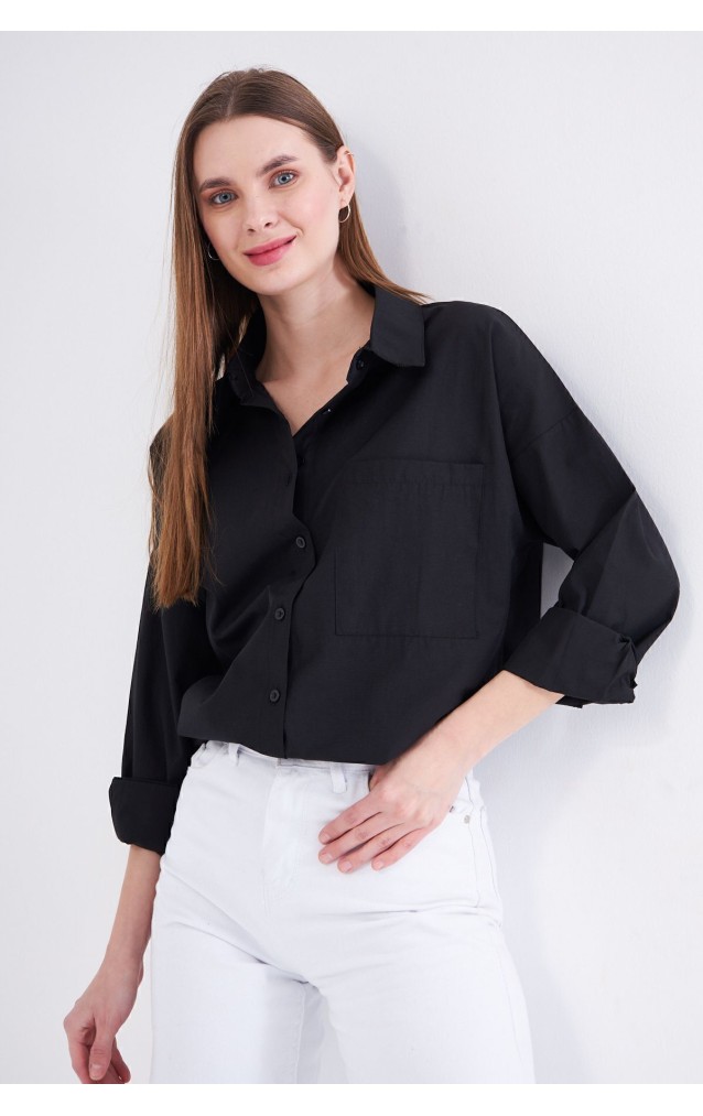 Kadın Siyah Uzun Kollu Terikoton Özel Kumaş Cepli Spor Uzun Tunik Gömlek 3518185