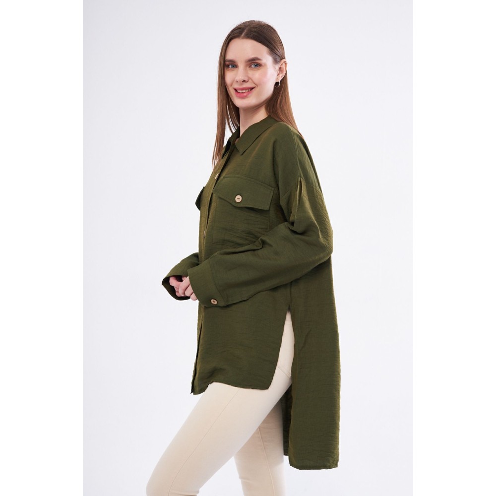 Pasaklı Giyim Pasaklı Giyim Kadın Oversize Arkası Uzun Tunik Gömlek Haki - Premium Kadın Giyim