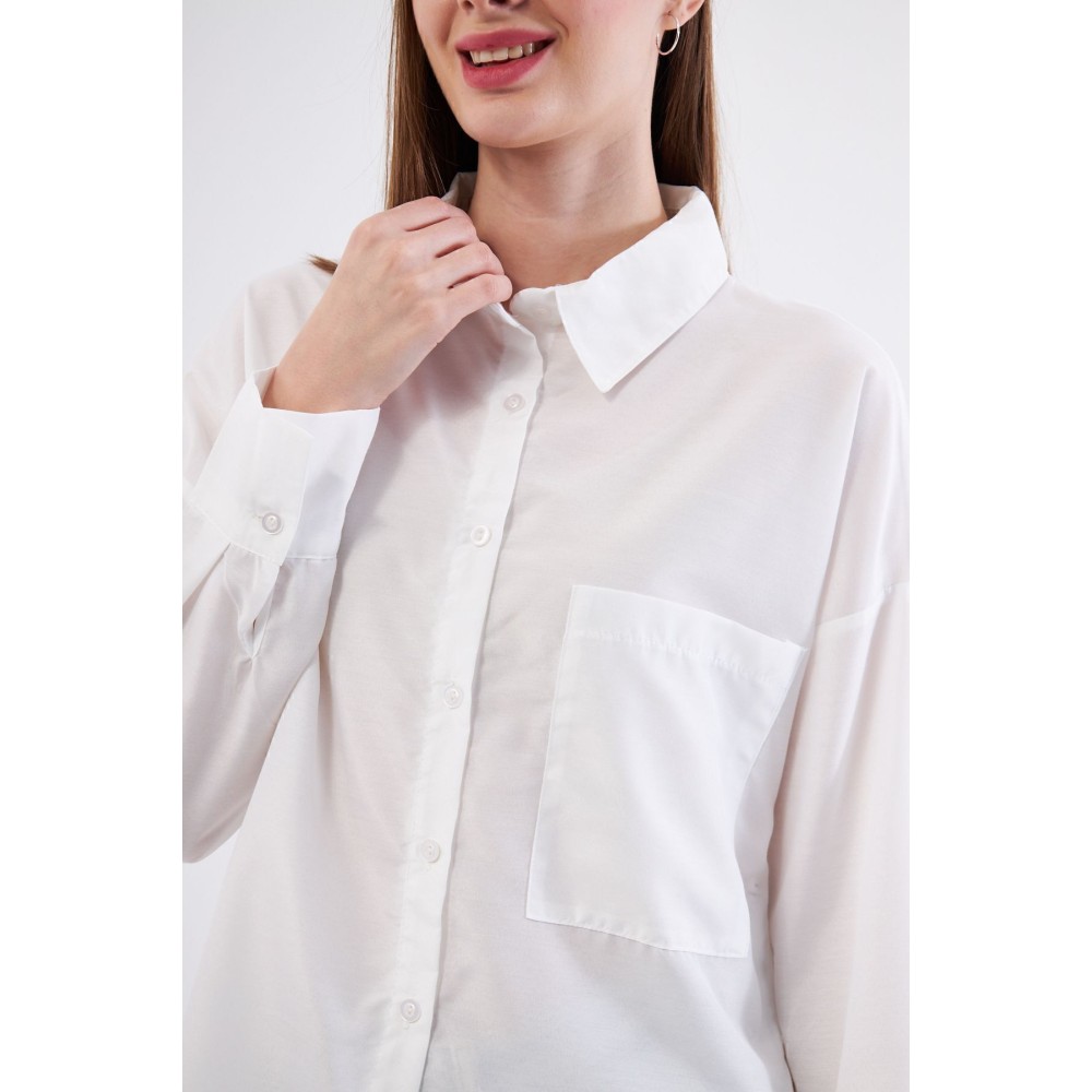 Pasaklı Giyim Kadın Beyaz Uzun Kollu Terikoton Özel Kumaş Cepli Spor Uzun Tunik Gömlek - Premium Kadın Giyim