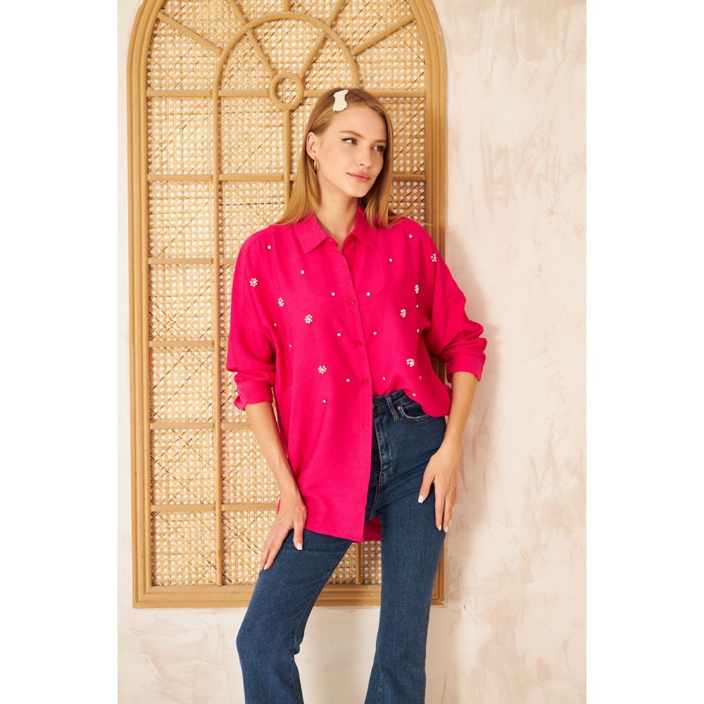 Pasaklı Giyim Pasaklı Giyim Kadın İnci İşleme Keten Tunik Gömlek Fuşya - Premium Kadın Giyim