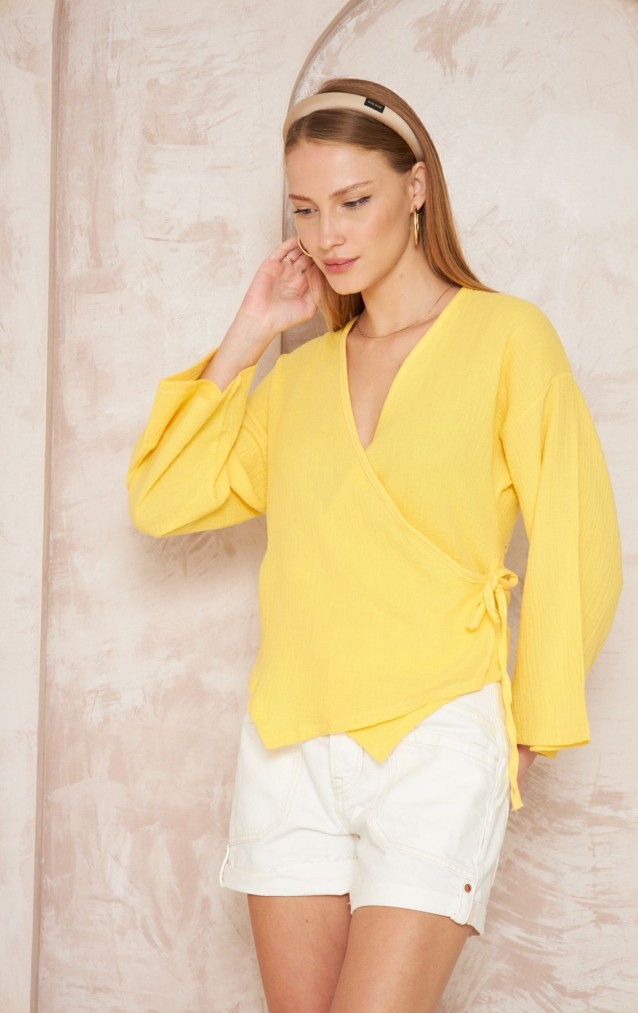 Pasaklı giyim Kadın %100 Pamuk Müslin Bağcıklı Bluz 3610286 Sarı