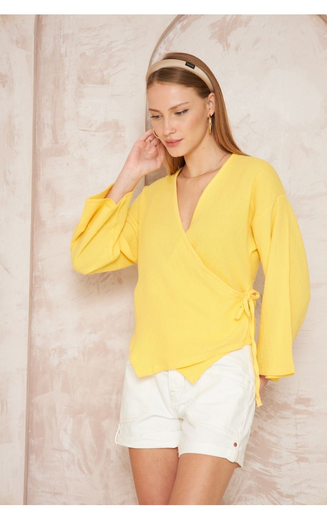 Pasaklı giyim Kadın %100 Pamuk Müslin Bağcıklı Bluz 3610286 Sarı