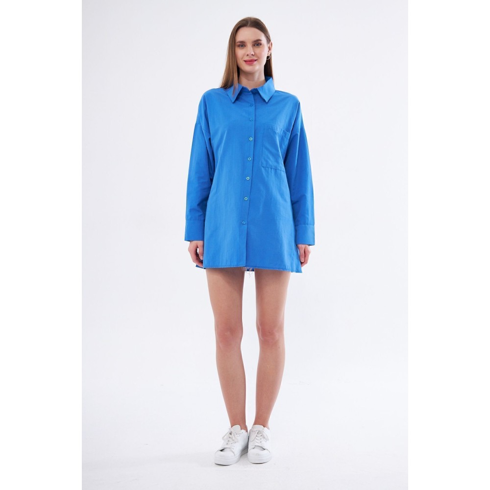 Pasaklı Giyim Kadın Saks Mavi Uzun Kollu Terikoton Özel Kumaş Cepli Spor Uzun Tunik Gömlek - Premium Kadın Giyim