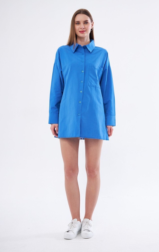 Kadın Saks Mavi Uzun Kollu Terikoton Özel Kumaş Cepli Spor Uzun Tunik Gömlek 3518185