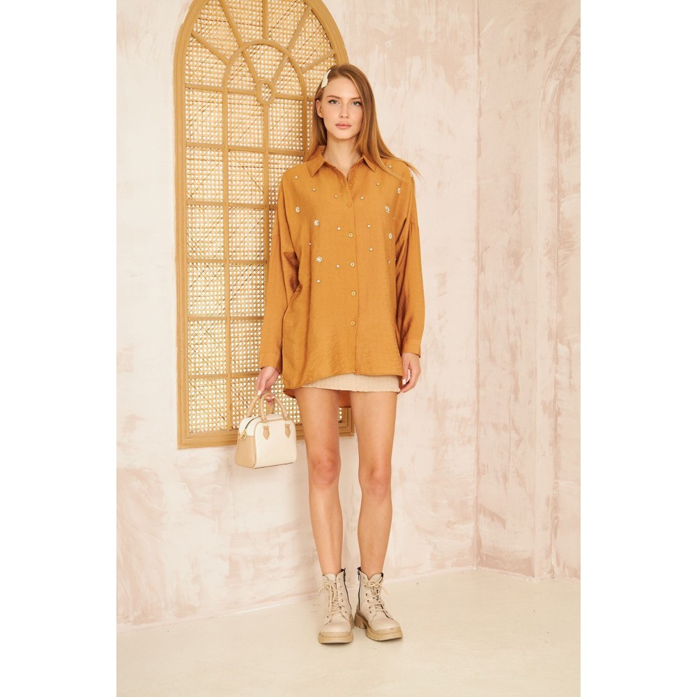 Pasaklı Giyim Pasaklı Giyim Kadın İnci İşleme Keten Tunik Gömlek Karamel - Premium Kadın Giyim