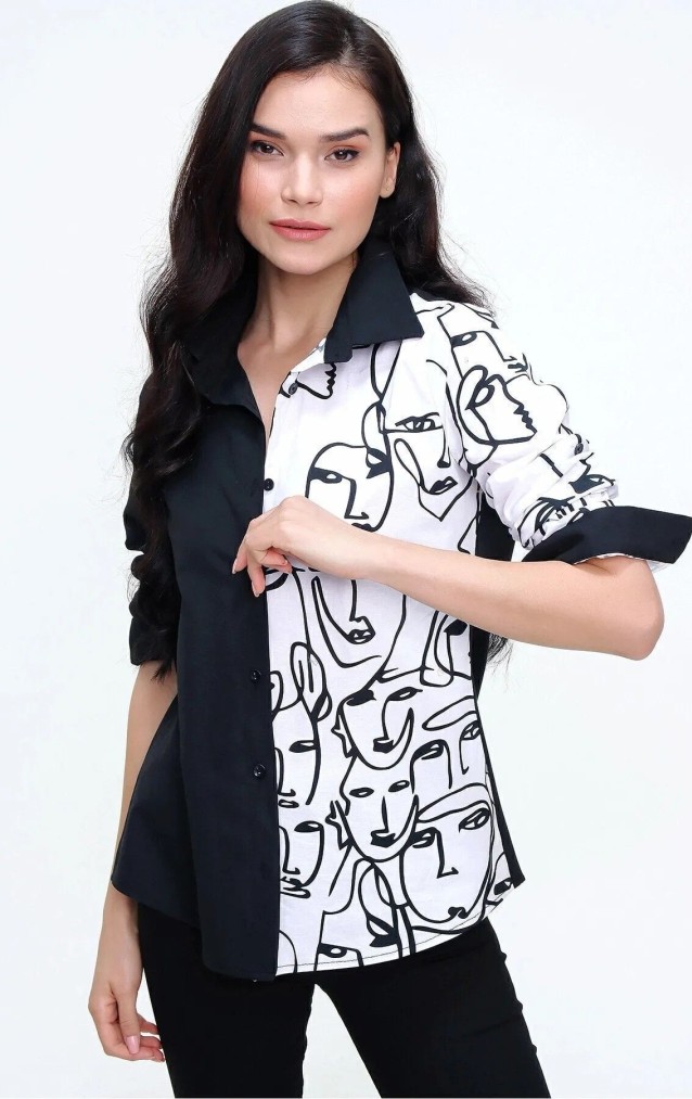 Pasaklı Giyim Kadın Yüz Silüetli Basic Gömlek 3074190 Siyah Beyaz