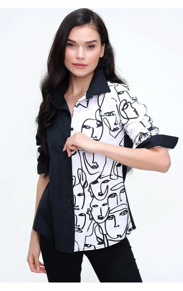 Pasaklı Giyim Kadın Yüz Silüetli Basic Gömlek 3074190 Siyah Beyaz