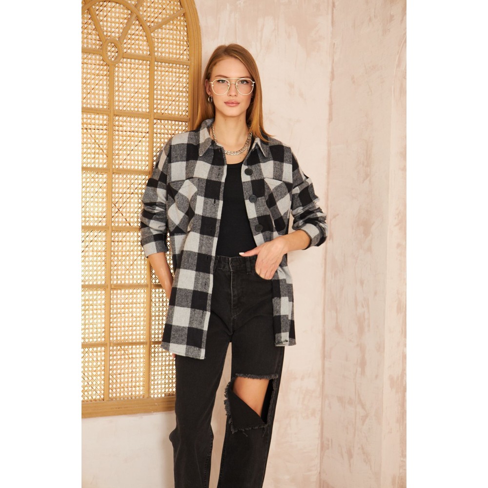 Pasaklı Giyim Pasaklı Giyim Kadın Kaşe Ekose Oduncu Gömlek Gri - Premium Kadın Giyim