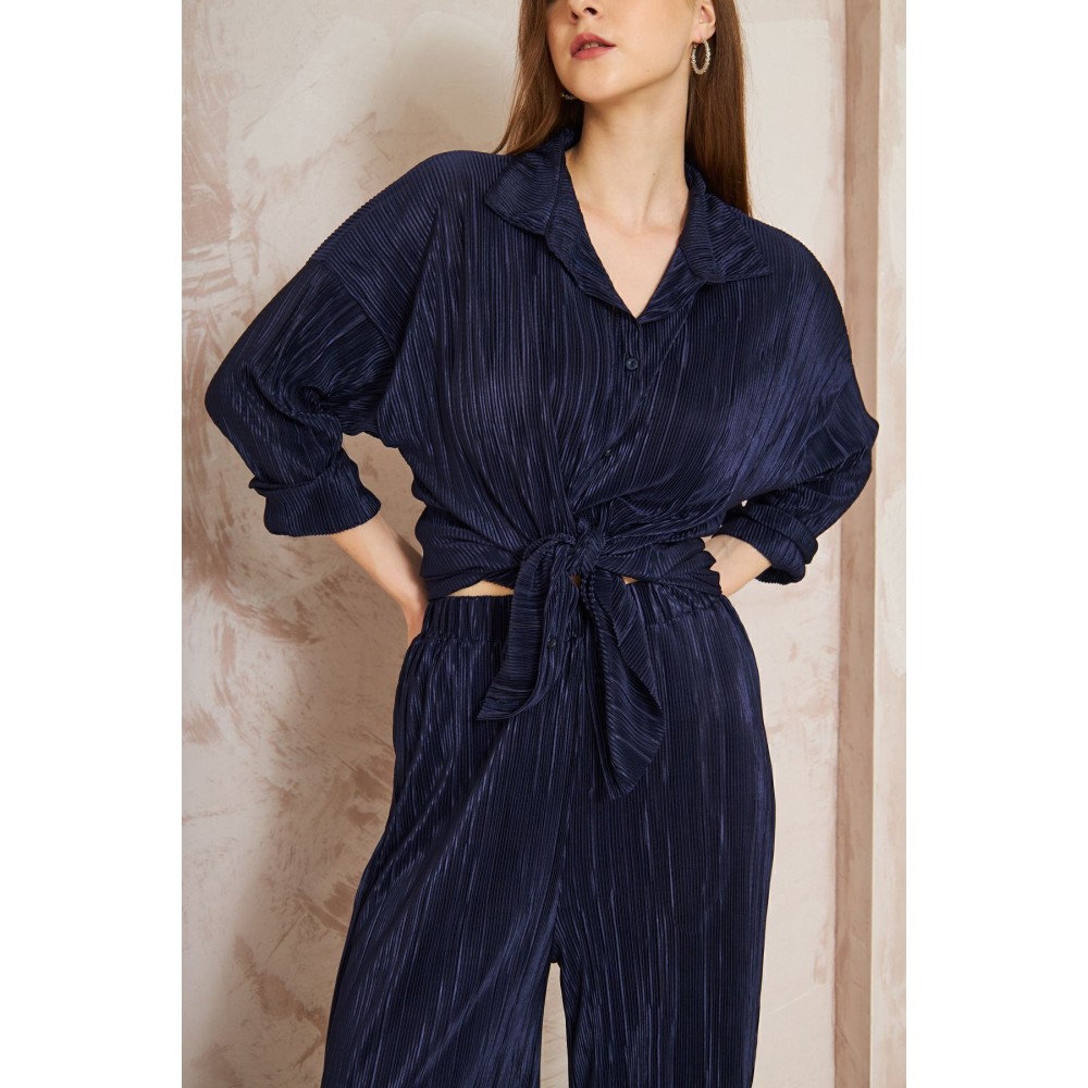 Pasaklı Giyim Pasaklı Giyim kadın Piliseli Bürümcük Pantolon Tunik Alt Üst Takım Lacivert - Premium Kadın Giyim