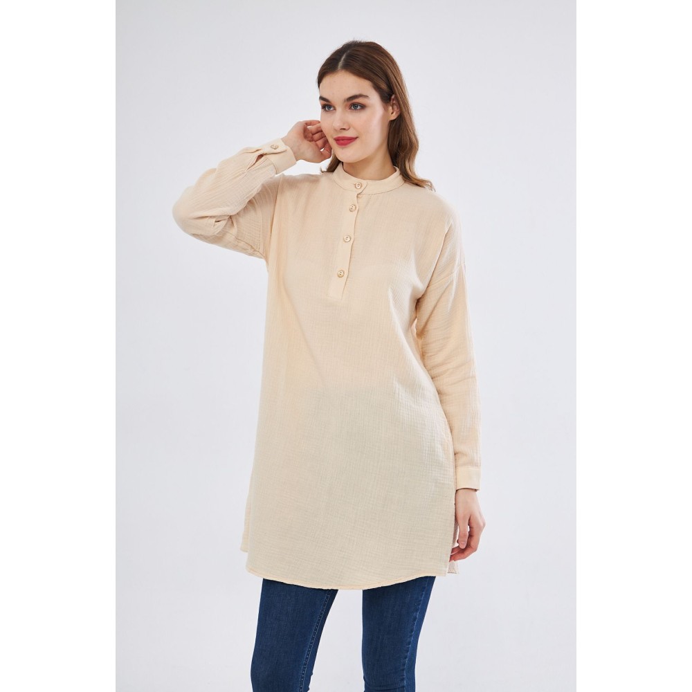 Pasaklı Giyim Kadın Taş Muslin Uzun Kollu Hakim Yaka Cepli Günlük Yazlık Tunik Gömlek Elbise - Premium Kadın Giyim