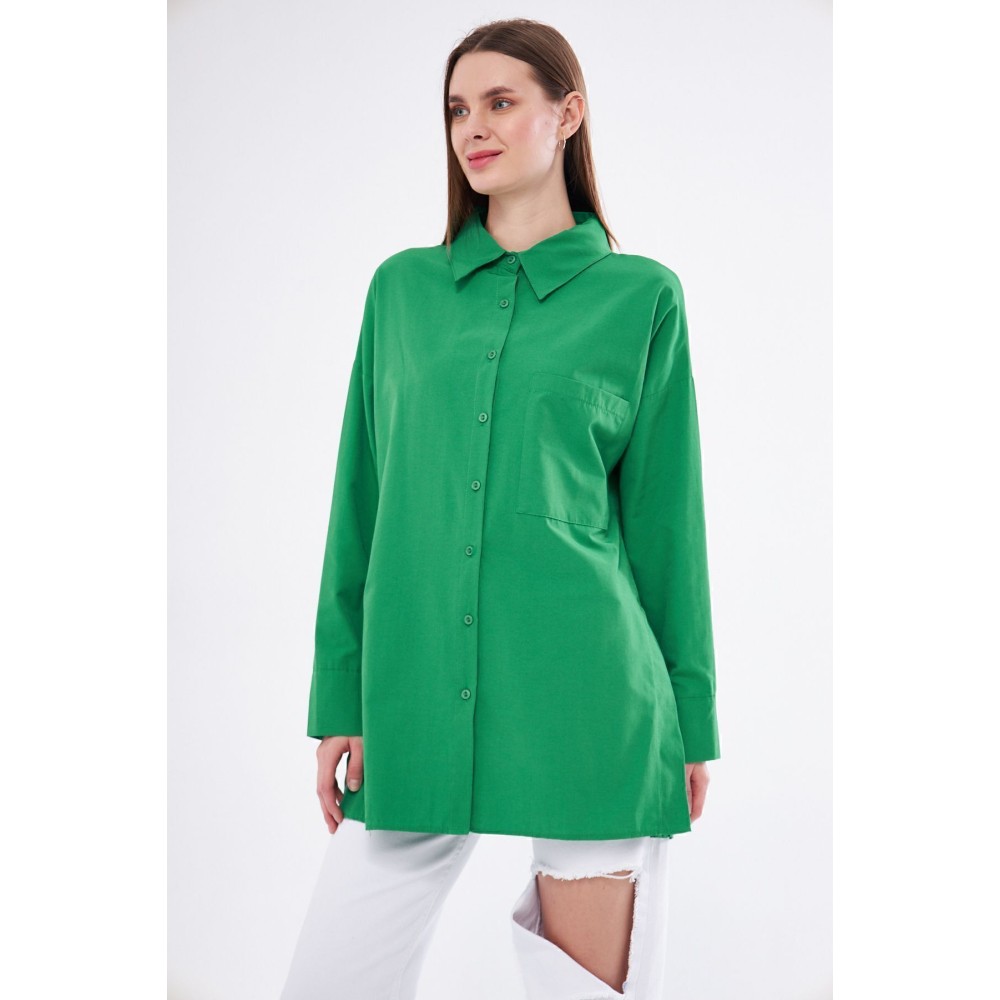 Pasaklı Giyim Kadın Benetton Yeşil Uzun Kollu Terikoton Özel Kumaş Cepli Spor Uzun Tunik Gömlek - Premium Kadın Giyim