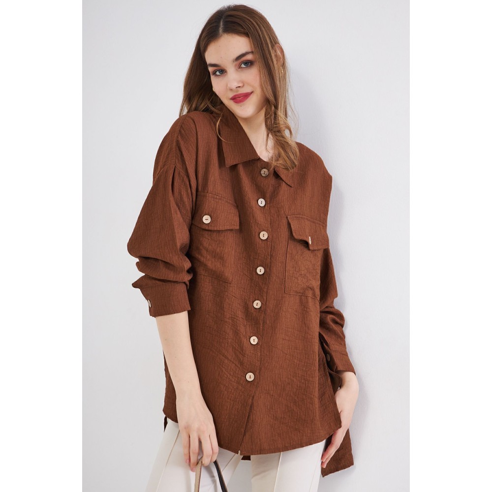 Pasaklı Giyim Pasaklı Giyim Kadın Oversize Arkası Uzun Tunik Gömlek Kahverengi - Premium Kadın Giyim