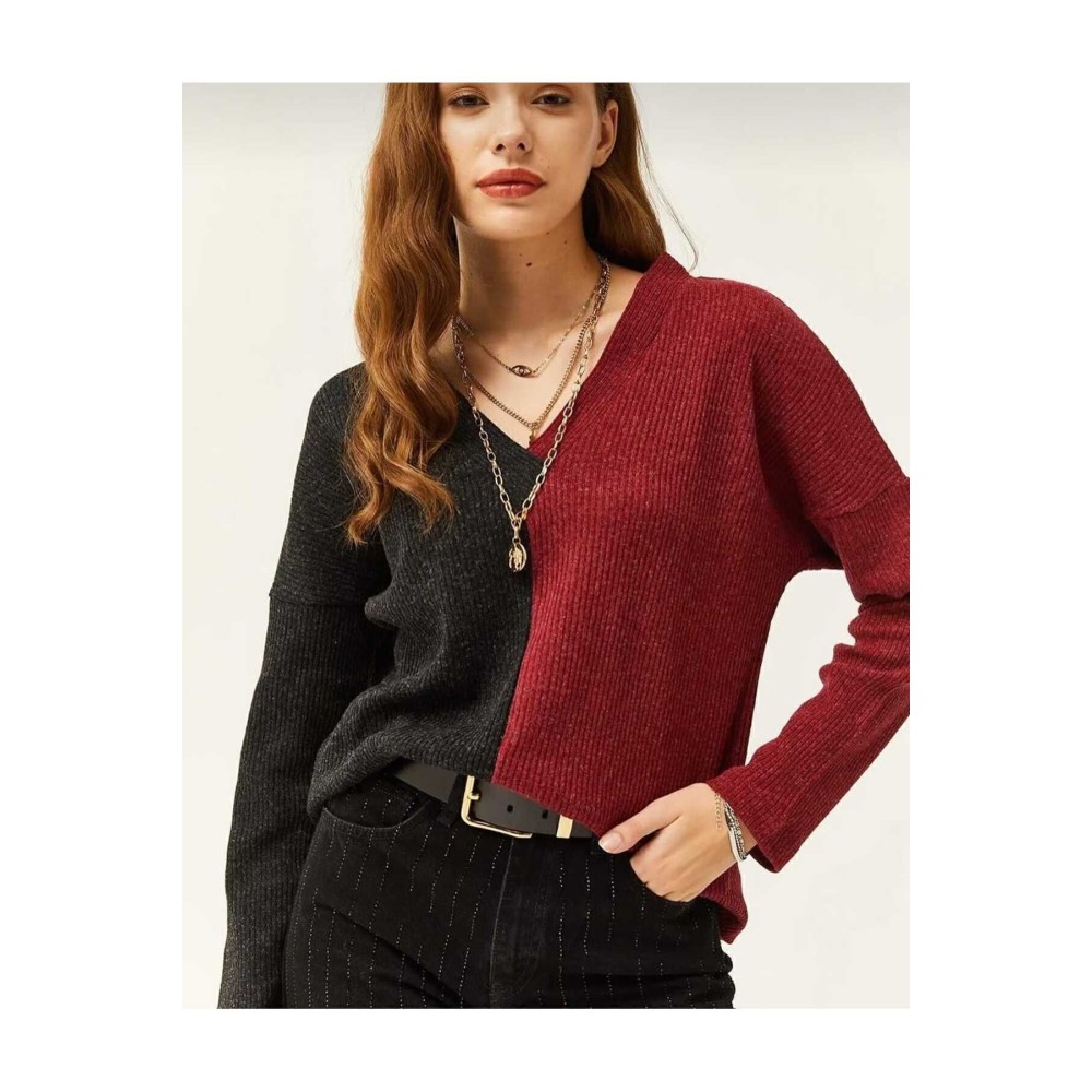 Pasaklı Giyim Pasaklı Giyim Kadın V Yaka Uzun Kollu Iki Renkli Kışlık Kazak Bordo Antrasit - Premium Kadın Giyim