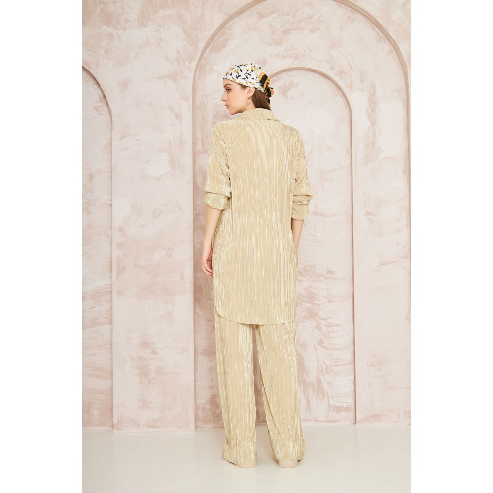 Pasaklı Giyim Pasaklı Giyim kadın Piliseli Bürümcük Pantolon Tunik Alt Üst Takım Gold - Premium Kadın Giyim