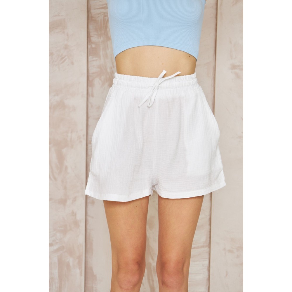 Pasaklı Giyim Pasaklı Giyim Kadın Müslin %100 Pamuk Beli Lastikli Şort Beyaz - Premium Kadın Giyim