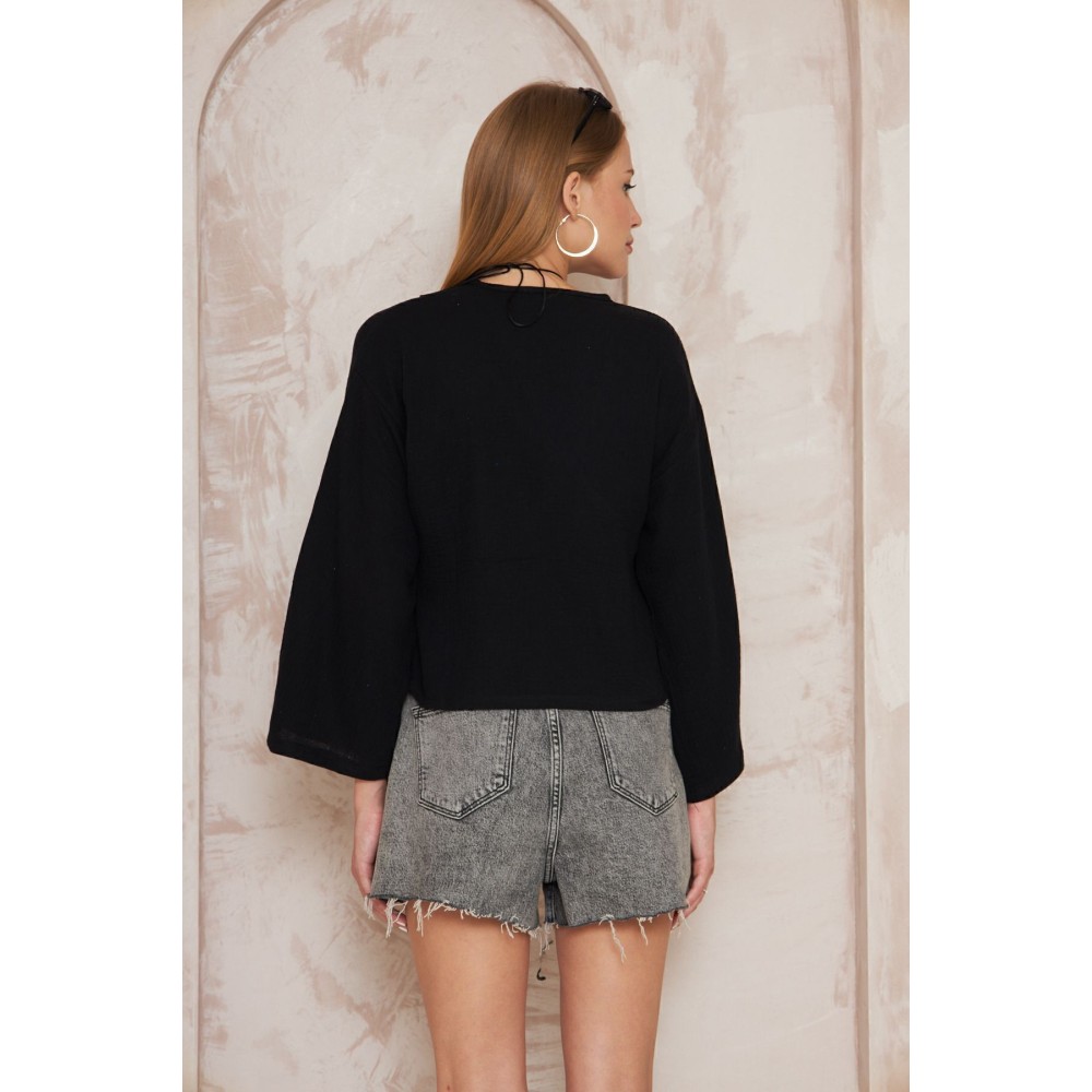 Pasaklı Giyim Pasaklı giyim Kadın %100 Pamuk Bağcıklı Bluz Siyah - Premium Kadın Giyim