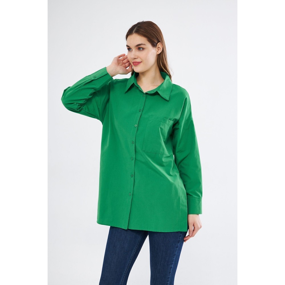 Pasaklı Giyim Kadın Benetton Yeşil Uzun Kollu Terikoton Özel Kumaş Cepli Spor Uzun Tunik Gömlek - Premium Kadın Giyim