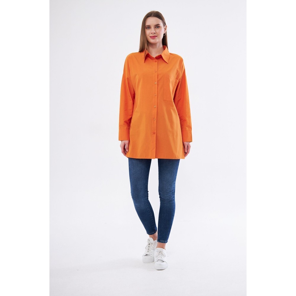 Pasaklı Giyim Kadın Turuncu Uzun Kollu Terikoton Özel Kumaş Cepli Spor Uzun Tunik Gömlek - Premium Kadın Giyim