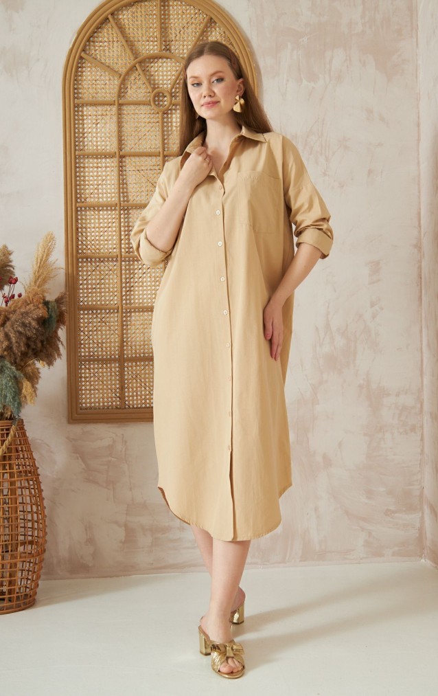 Pasaklı Giyim Kadın Poplin Oversize Tunik-Gömlek Elbise 3555352 Bej
