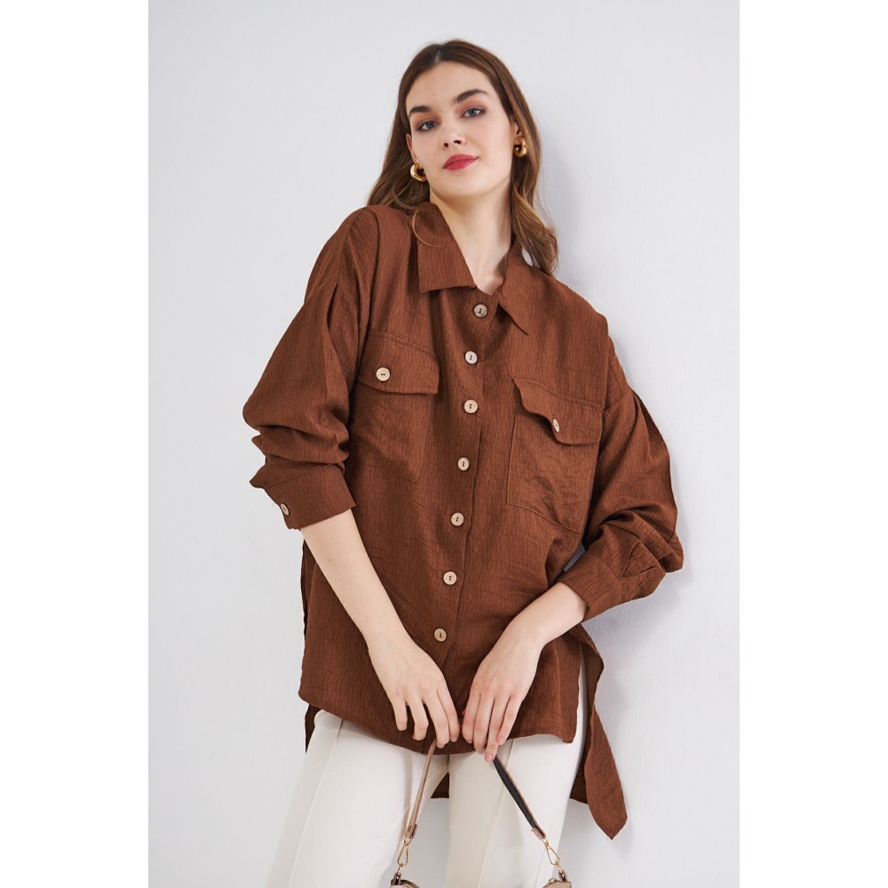 Pasaklı Giyim Pasaklı Giyim Kadın Oversize Arkası Uzun Tunik Gömlek Kahverengi - Premium Kadın Giyim