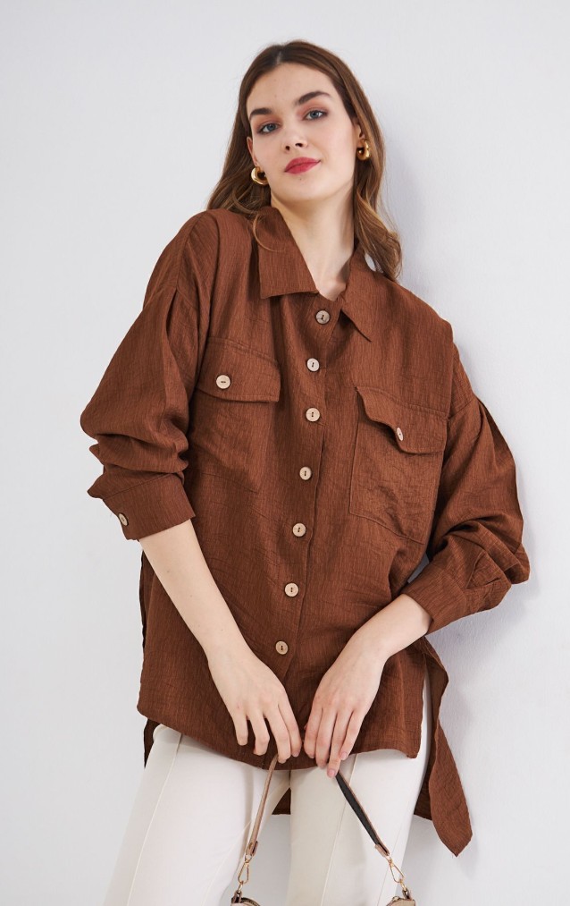 Pasaklı Giyim Kadın Oversize Arkası Uzun Tunik Gömlek 3524352 Kahverengi