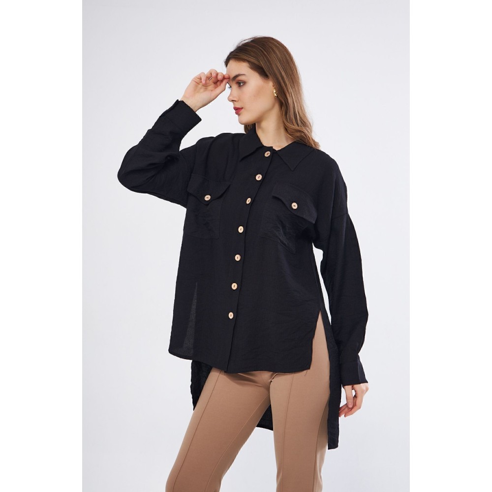 Pasaklı Giyim Pasaklı Giyim Kadın Oversize Arkası Uzun Tunik Gömlek Siyah - Premium Kadın Giyim