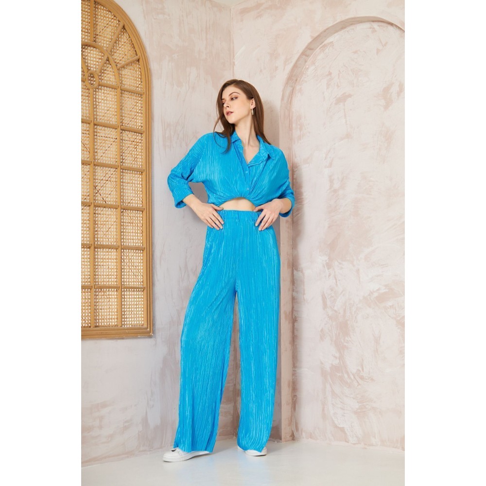 Pasaklı Giyim kadın Piliseli Bürümcük Pantolon Tunik Alt Üst Takım 3573374 Mavi