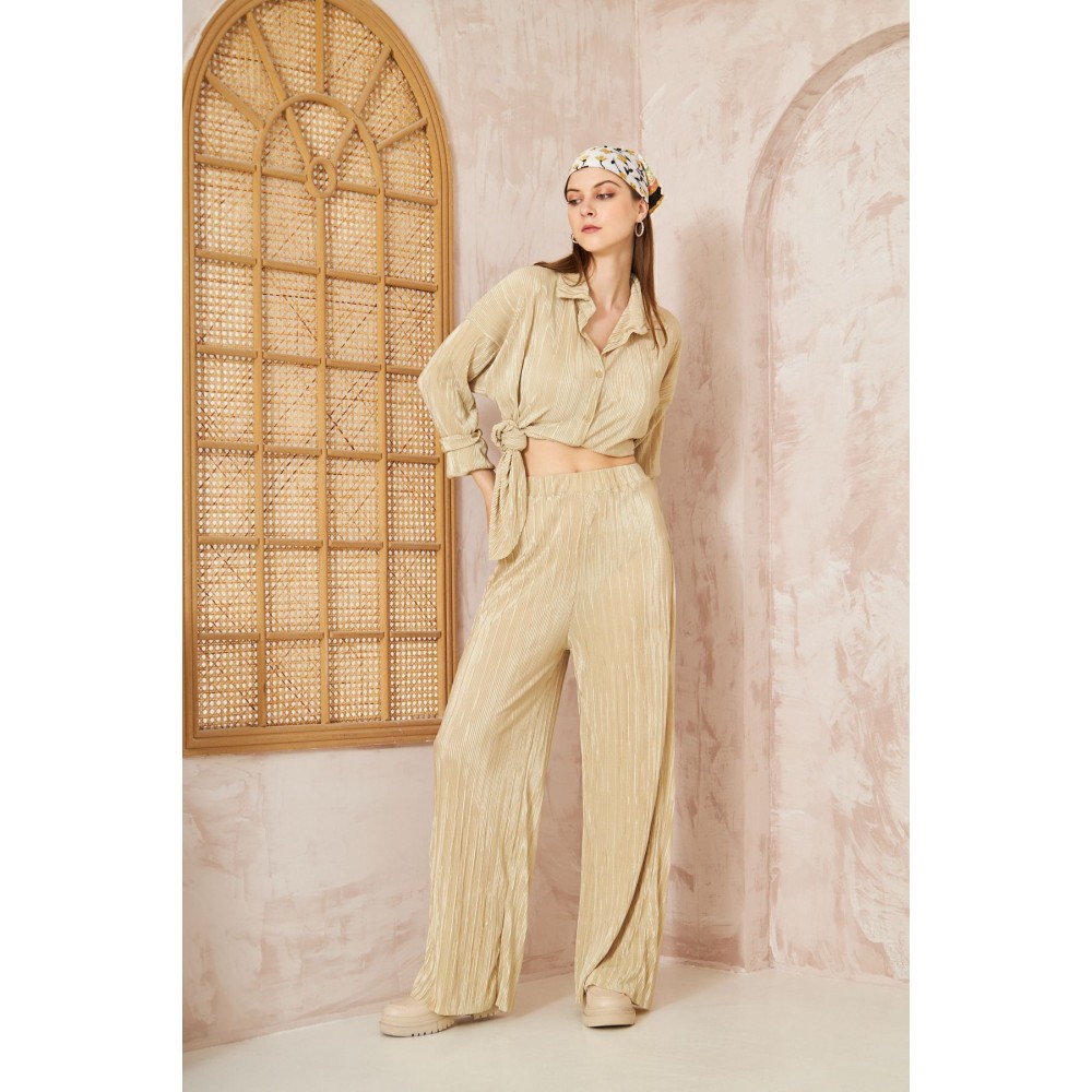 Pasaklı Giyim Pasaklı Giyim kadın Piliseli Bürümcük Pantolon Tunik Alt Üst Takım Gold - Premium Kadın Giyim