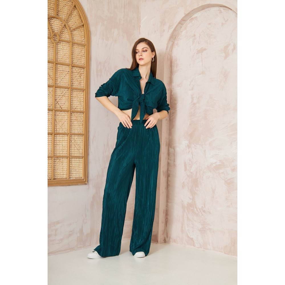 Pasaklı Giyim Pasaklı Giyim kadın Piliseli Bürümcük Pantolon Tunik Alt Üst Takım Petrol - Premium Kadın Giyim