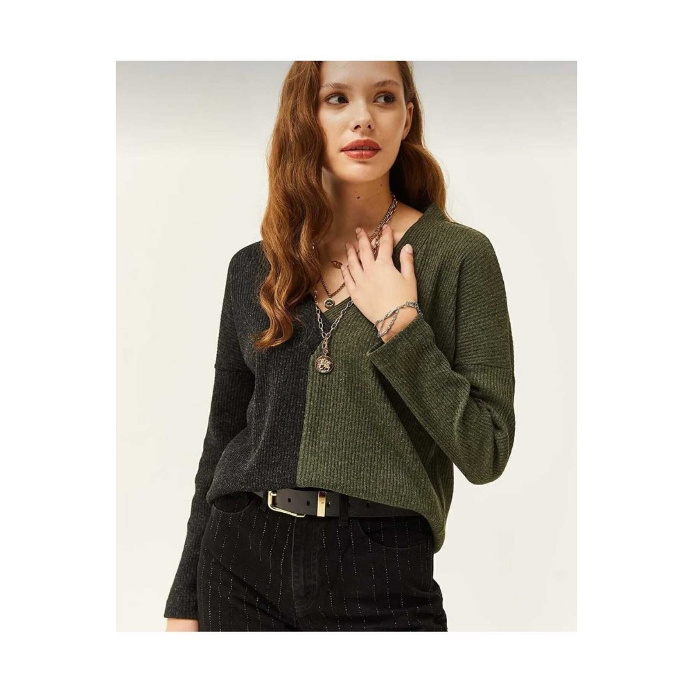 Pasaklı Giyim Kadın V Yaka Uzun Kollu Iki Renkli Kışlık Kazak Haki Antrasit - Premium Kadın Giyim