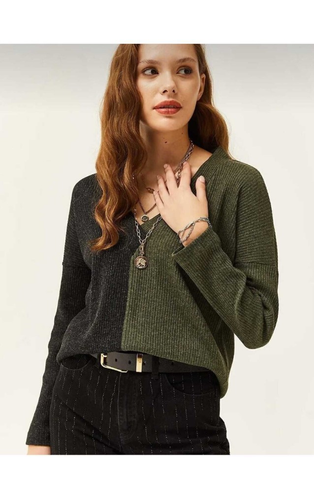 Kadın  V Yaka Uzun Kollu Iki Renkli Kışlık Kazak 2778200 Haki Antrasit