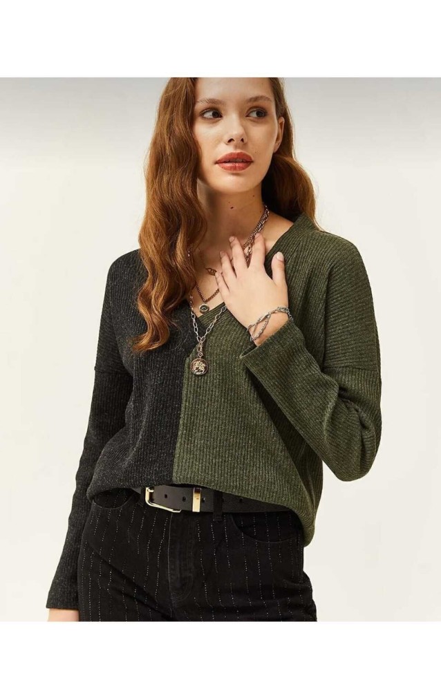 Kadın  V Yaka Uzun Kollu Iki Renkli Kışlık Kazak 2778200 Haki Antrasit