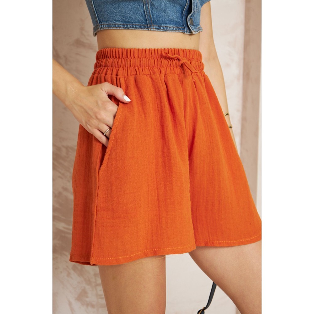 Pasaklı Giyim Pasaklı Giyim Kadın Müslin %100 Pamuk Beli Lastikli Şort Turuncu - Premium Kadın Giyim