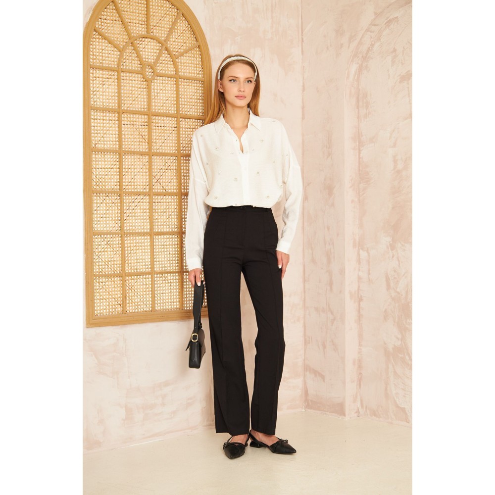 Pasaklı Giyim Pasaklı Giyim Kadın İnci İşleme Keten Tunik Gömlek Beyaz - Premium Kadın Giyim