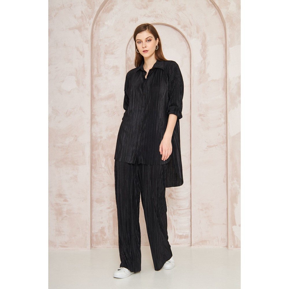 Pasaklı Giyim Pasaklı Giyim kadın Piliseli Bürümcük Pantolon Tunik Alt Üst Takım Siyah - Premium Kadın Giyim