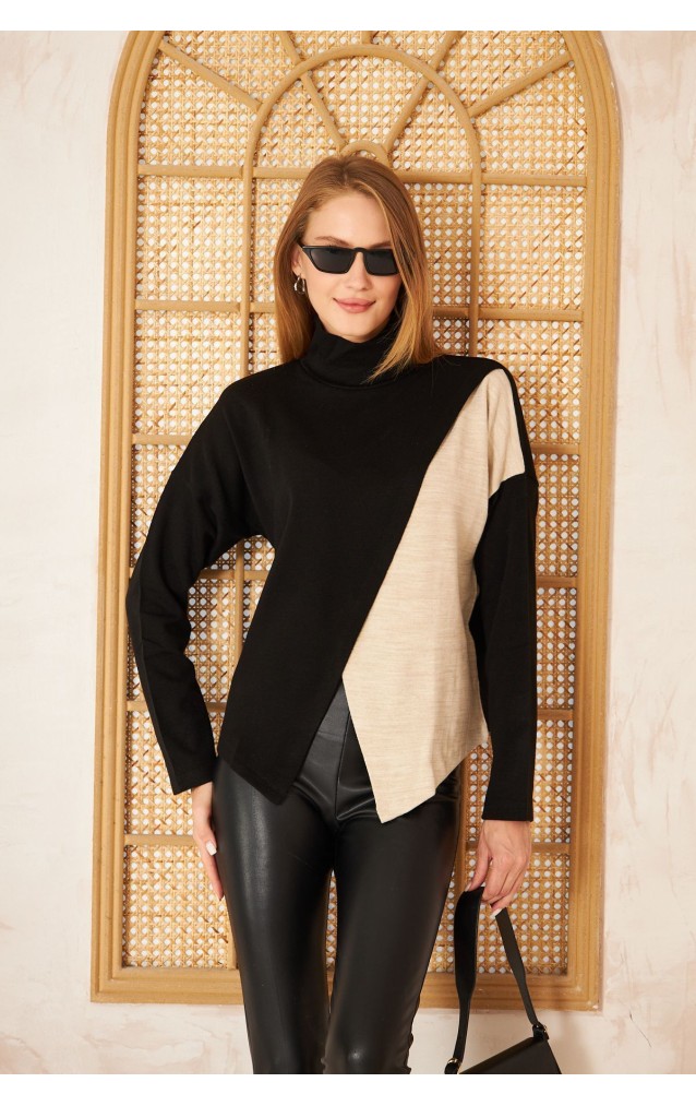 Pasaklı Giyim Kadın İki Kat Asimetrik Balıkçı Yaka Akrilik Triko Kazak 3494310