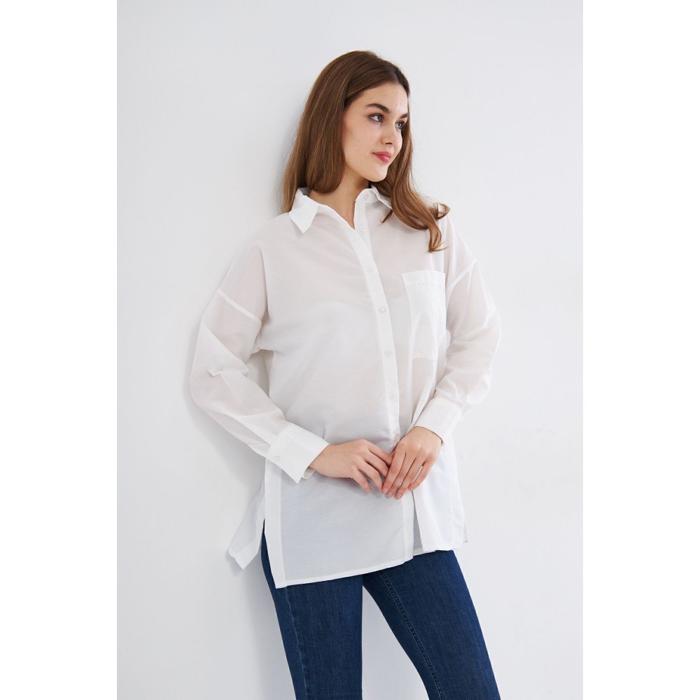 Pasaklı Giyim Kadın Beyaz Uzun Kollu Terikoton Özel Kumaş Cepli Spor Uzun Tunik Gömlek - Premium Kadın Giyim