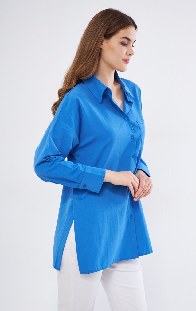 Kadın Saks Mavi Uzun Kollu Terikoton Özel Kumaş Cepli Spor Uzun Tunik Gömlek 3518185
