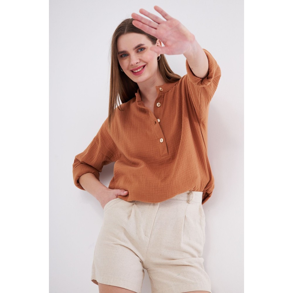 Pasaklı Giyim Pasaklı Giyim Kadın Müslin Tunik Gömlek Kahverengi - Premium Kadın Giyim