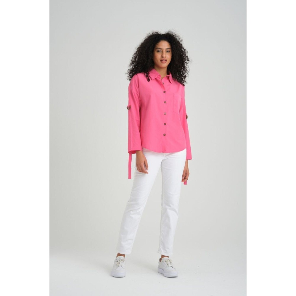 Pasaklı Giyim Kadın Fuşya Pembe Uzun Kollu Apoletli Cepli Toka Detaylı Oval Bol Kesim Poplin Salaş Gömlek - Premium Kadın Giyim