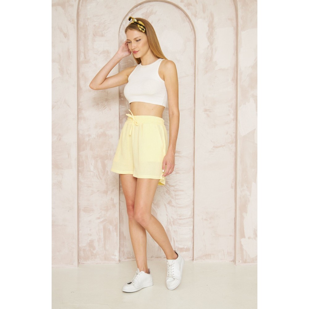 Pasaklı Giyim Pasaklı Giyim Kadın Müslin %100 Pamuk Beli Lastikli Şort Sarı - Premium Kadın Giyim