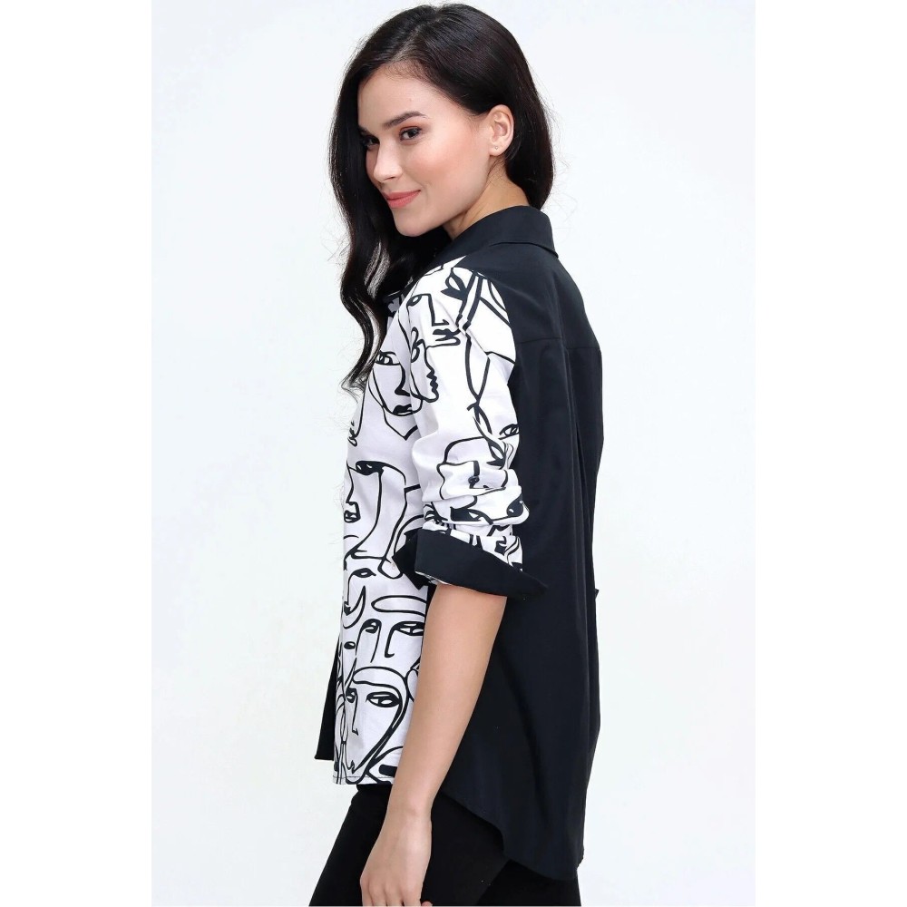 Pasaklı Giyim Pasaklı Giyim Kadın Yüz Silüetli Basic Gömlek Siyah Beyaz - Premium Kadın Giyim