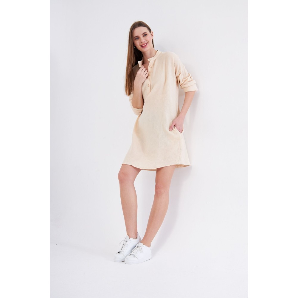 Pasaklı Giyim Kadın Taş Muslin Uzun Kollu Hakim Yaka Cepli Günlük Yazlık Tunik Gömlek Elbise - Premium Kadın Giyim