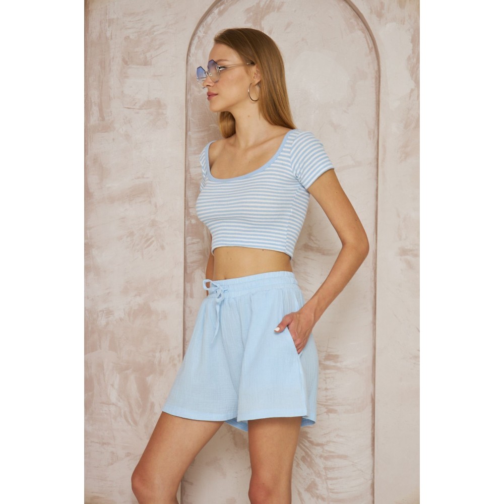 Pasaklı Giyim Pasaklı Giyim Kadın Müslin %100 Pamuk Beli Lastikli Şort Bebemavi - Premium Kadın Giyim