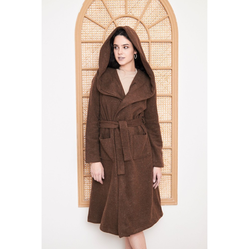 Pasaklı Giyim Pasaklı Giyim Kadın Kaşe Yün Kapüşonlu Kaban Kahverengi - Premium Kadın Giyim