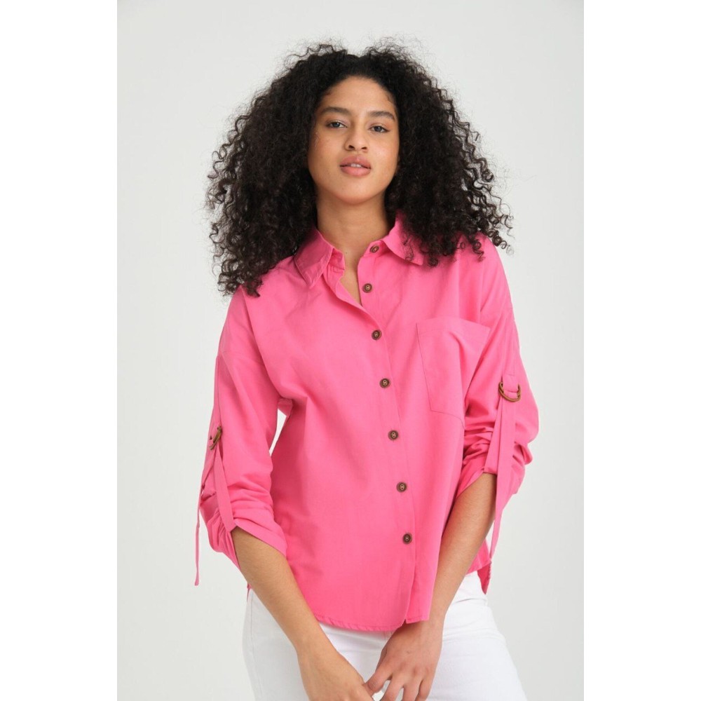 Pasaklı Giyim Kadın Fuşya Pembe Uzun Kollu Apoletli Cepli Toka Detaylı Oval Bol Kesim Poplin Salaş Gömlek - Premium Kadın Giyim