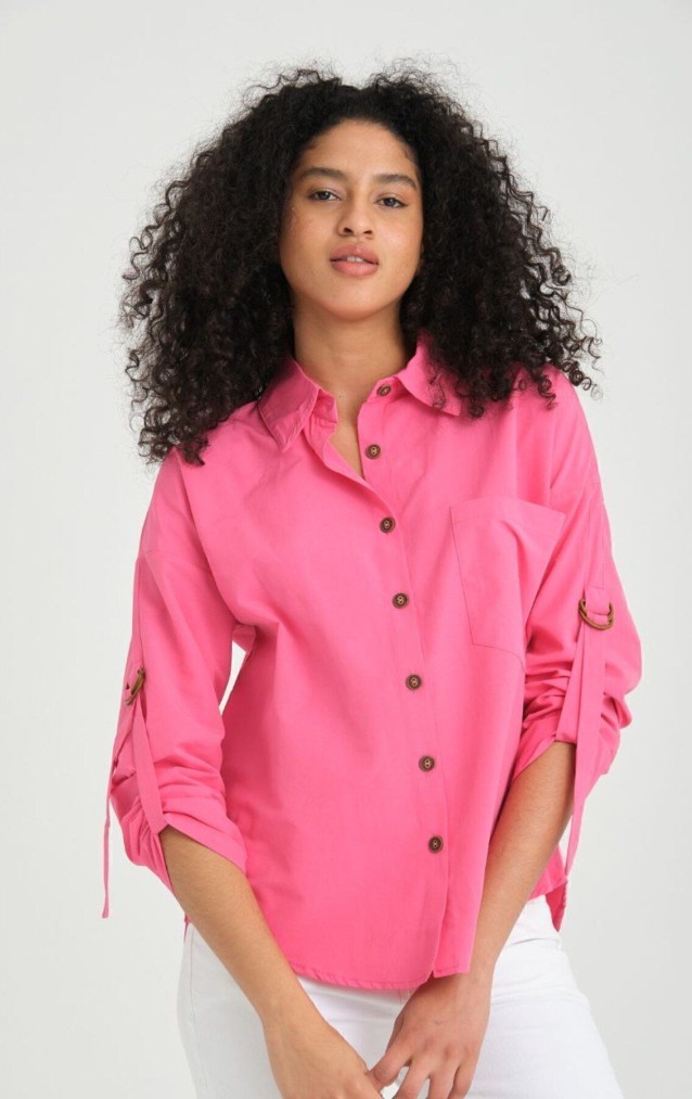 Kadın Fuşya Pembe Uzun Kollu Apoletli Cepli Toka Detaylı Oval Bol Kesim Poplin Salaş  Gömlek 3557195