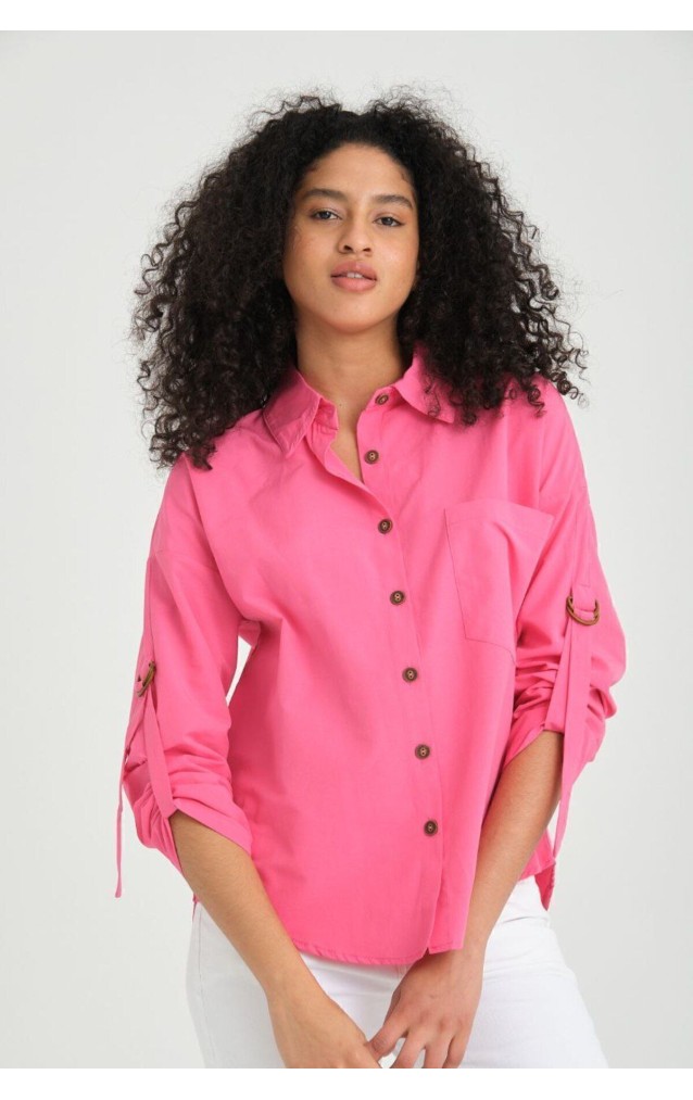 Kadın Fuşya Pembe Uzun Kollu Apoletli Cepli Toka Detaylı Oval Bol Kesim Poplin Salaş  Gömlek 3557195